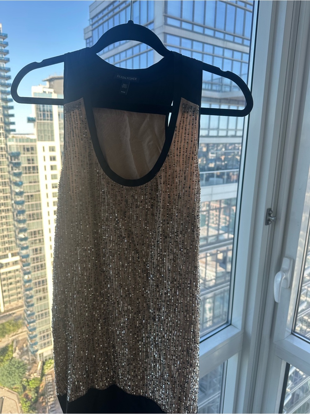 Eileen Fisher Silver Sequin Mini Dress with Black Trim